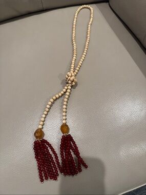 Chico's Beaded Tassel Necklace in Cream and Deep Red